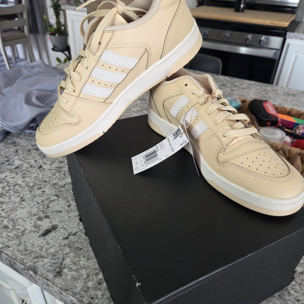 New Adidas Break Start Low Beige Leather Athletic Sneakers  White Stripes Women